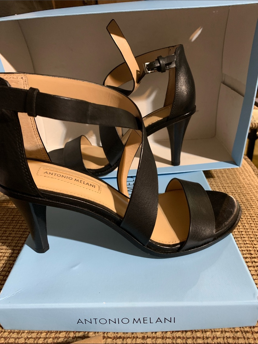 ANTONIO MELANI Black Leather, Crisscross Double Ankle Strap Heels